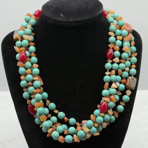 Vtg Multi Strand Beaded Turquoise Red Stone Choker Necklace Sterling Clasp